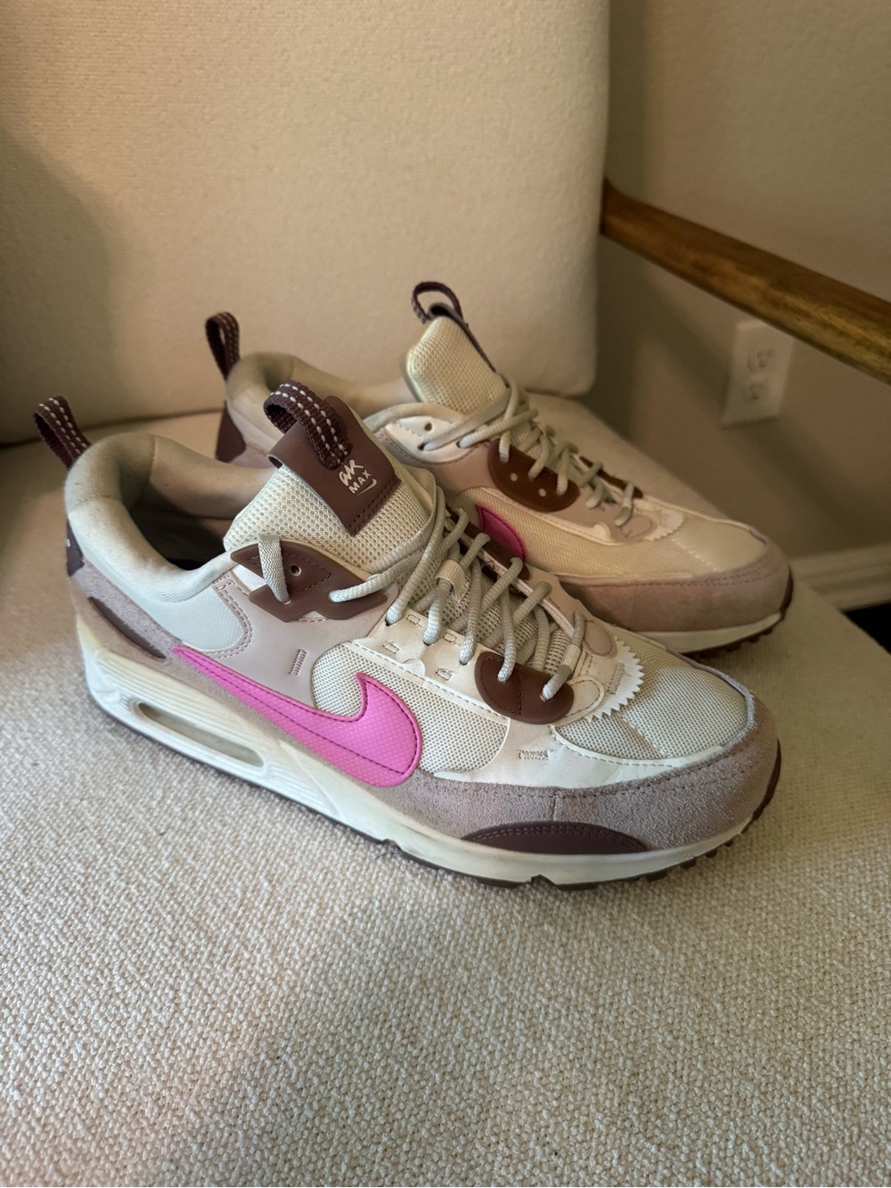 Nike Women's Air Max Sneaker in Cream, Taupe & Pink Swoosh